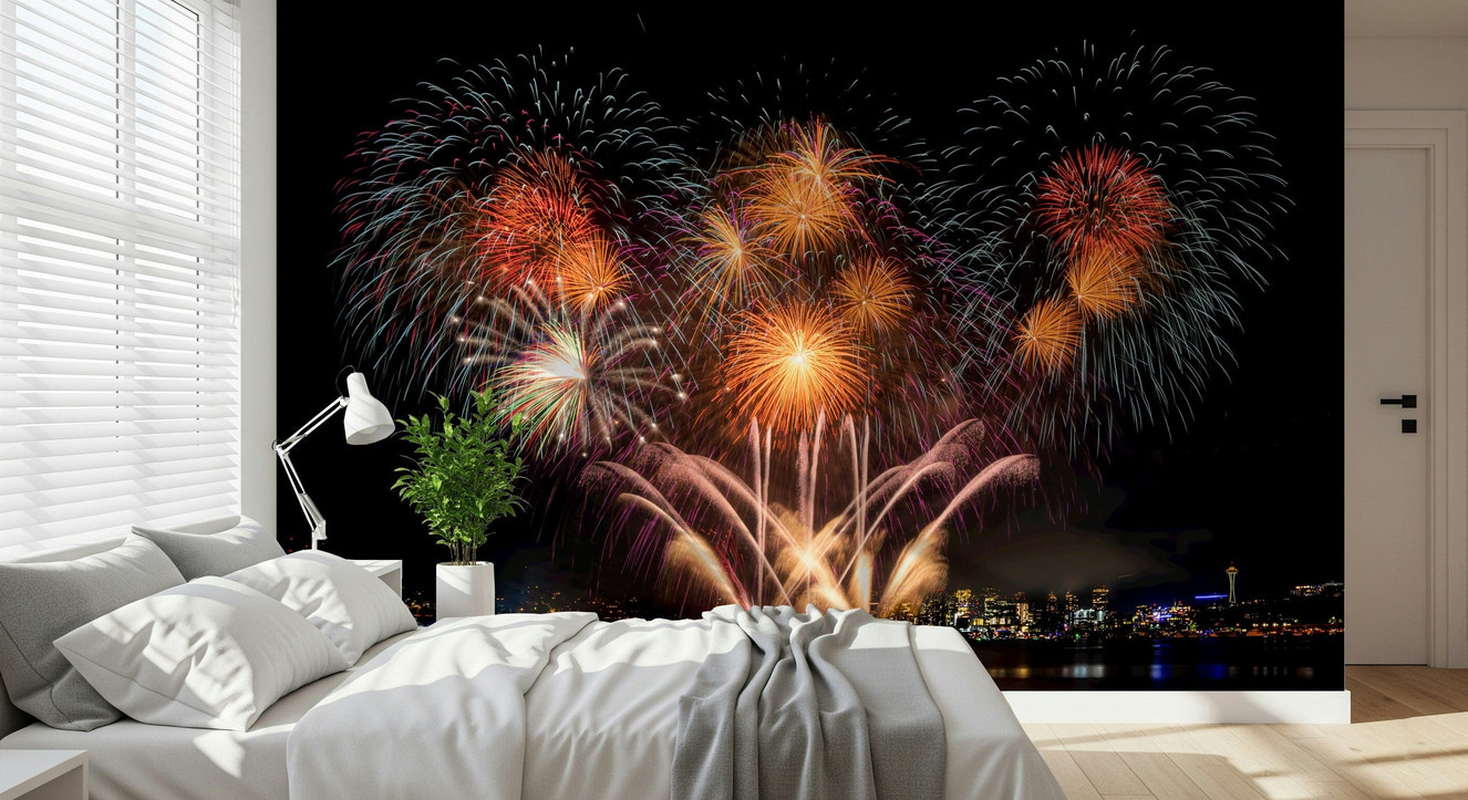 Decorative mural featuring illuminated skyscrapers and twinkling city lights at night.