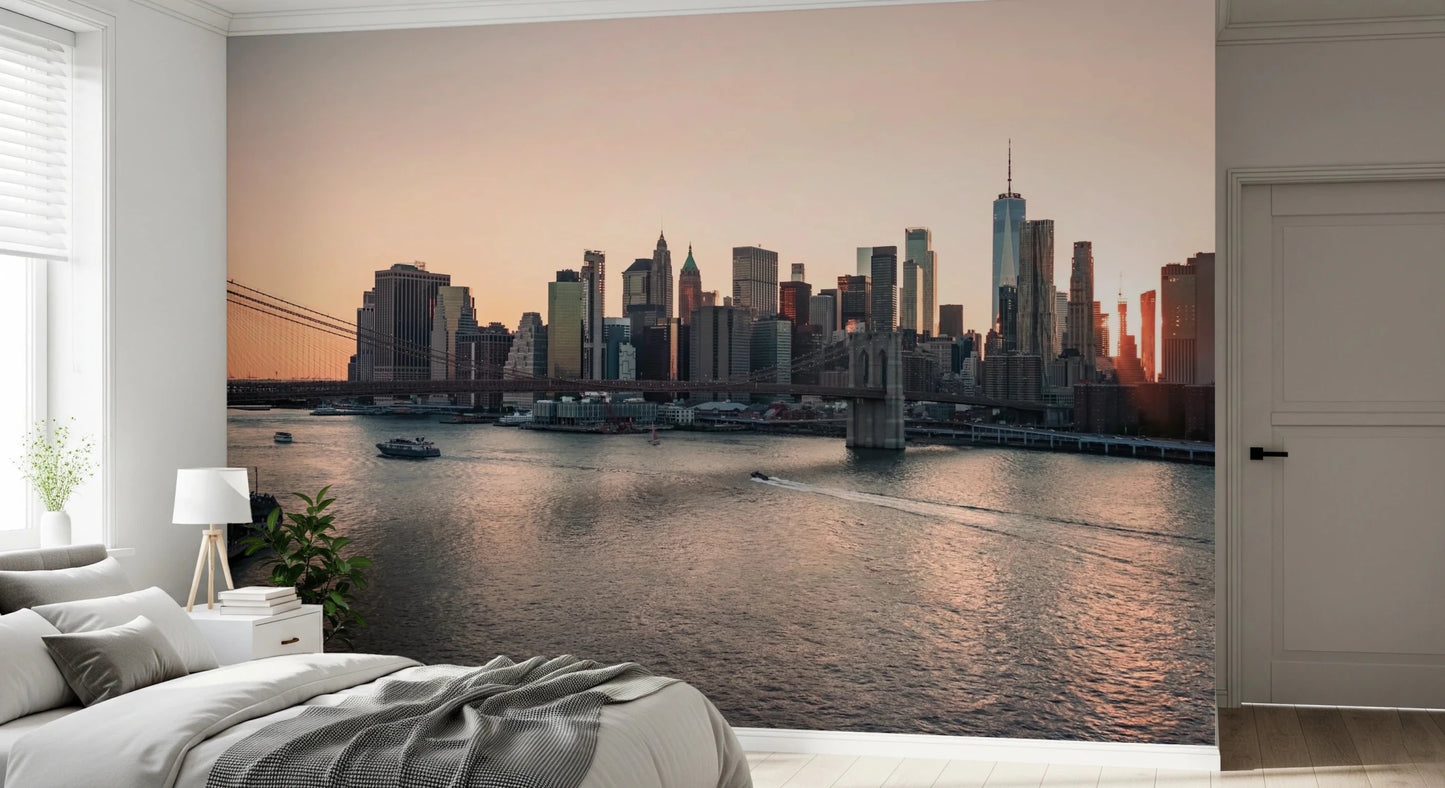 City Lights at Dawn wall mural of the city skyline and river at dusk behind a white bed in a bright bedroom