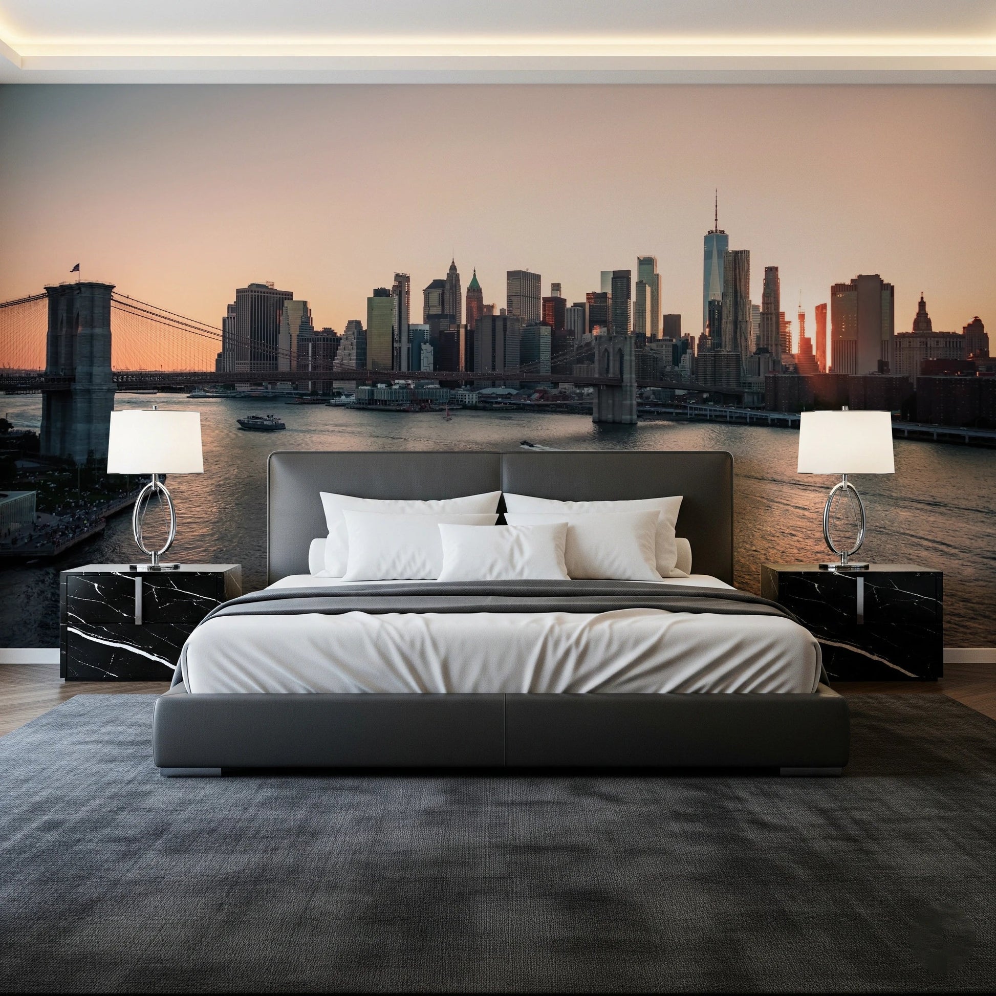 City Lights at Dawn wall mural of a glowing city skyline and bridge above a grey bed and black marble nightstands
