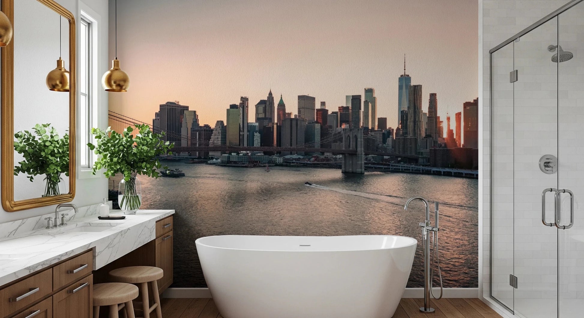 City Lights at Dawn wall mural of the skyline at sunset behind a white freestanding tub in a marble bathroom