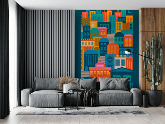 City Lights At Night wallpaper, abstract buildings, bold colors, dark blue background.