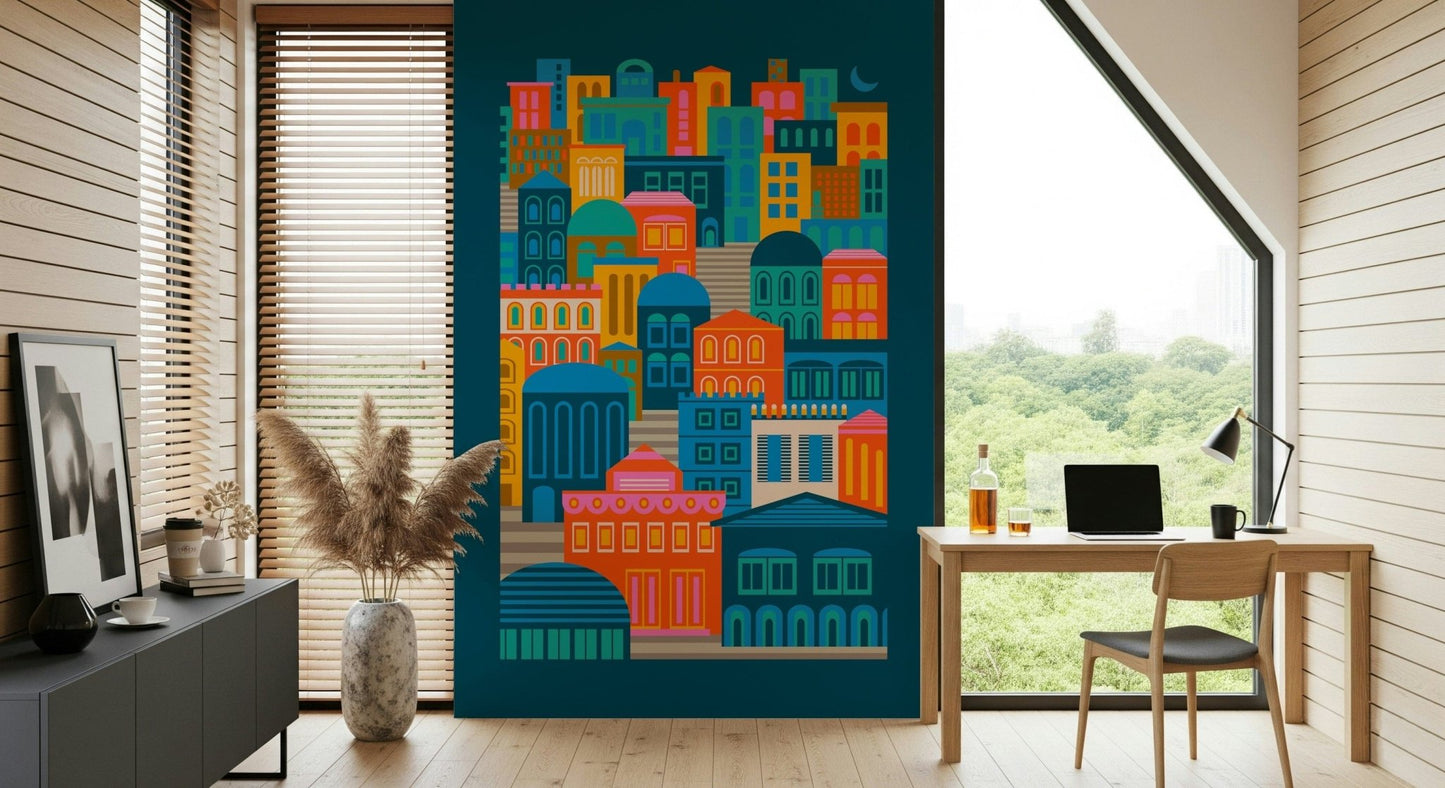 Vintage Travel Bright Geometric mural, layered cityscape, playful, vibrant art.