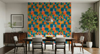 Modern pop-art cityscape wallpaper in bright block colors