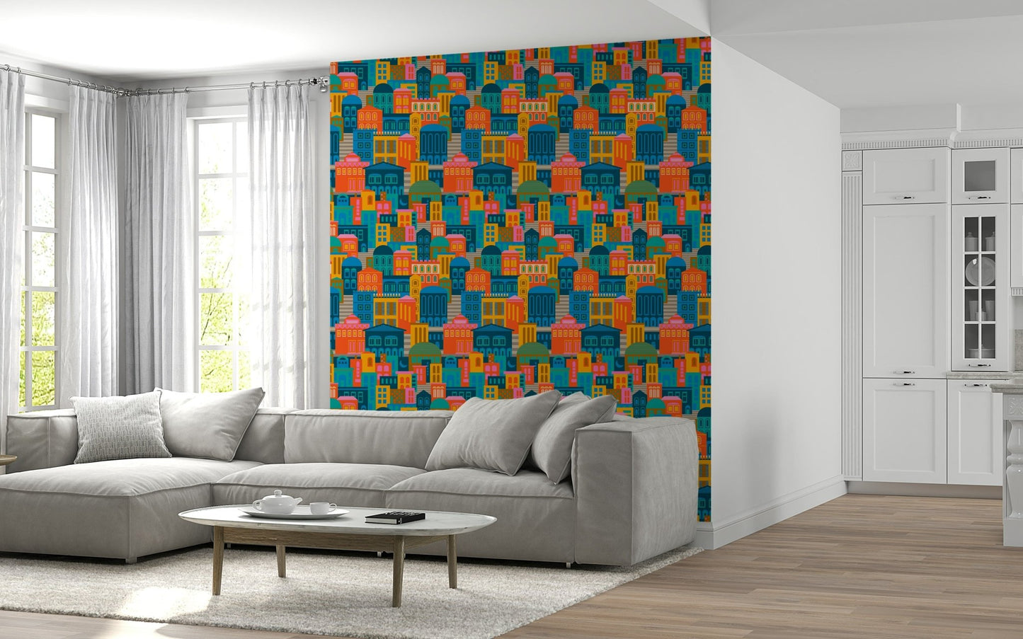 Rainbow brights urban skyline wallpaper in retro style