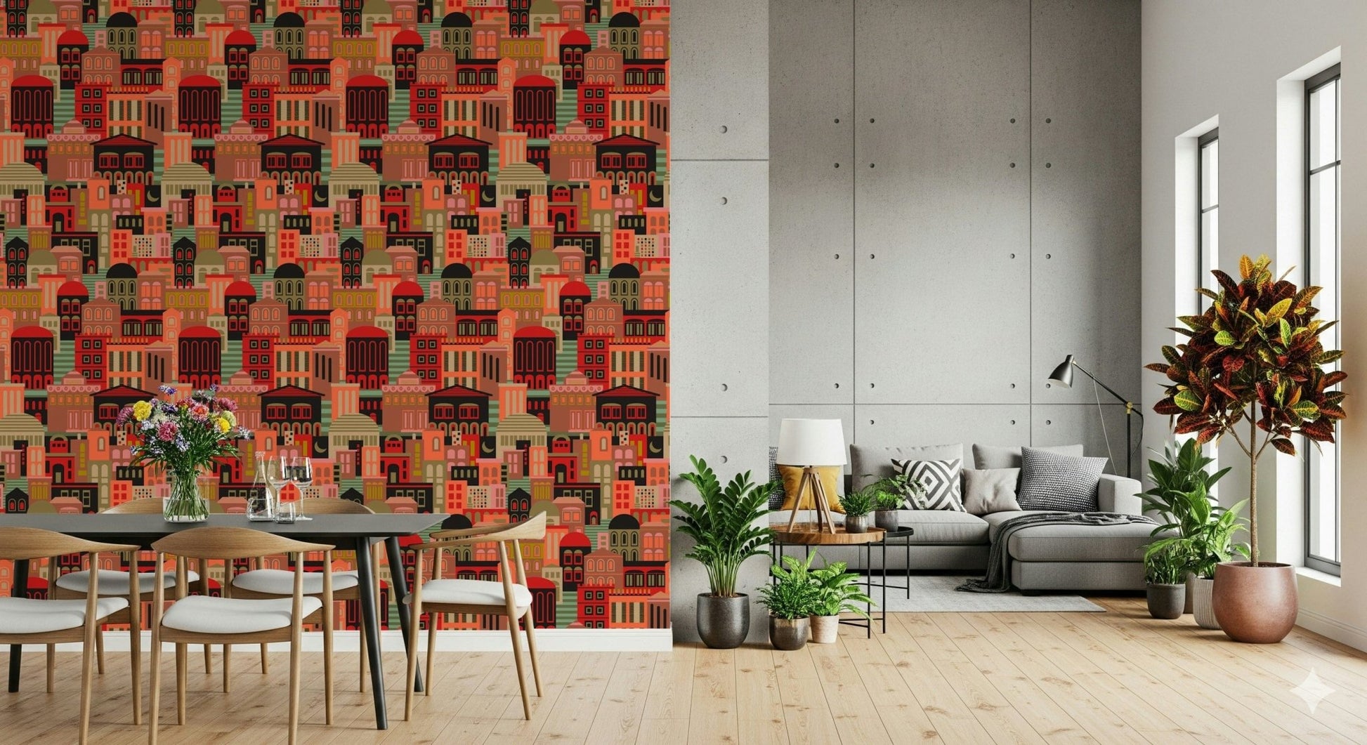 Moonlit vintage cityscape wallpaper behind sofa, crisp lines and colorful buildings