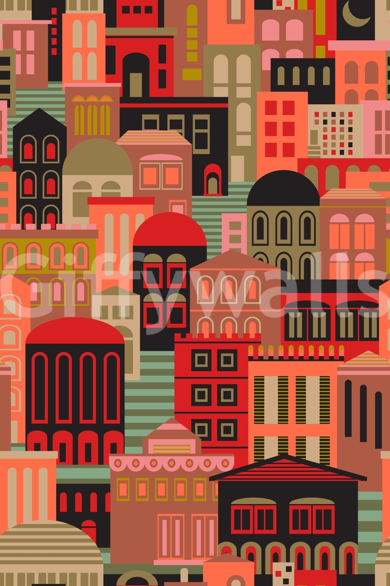 City Lights At Night mural for media room, retro skyline with moonlit scene