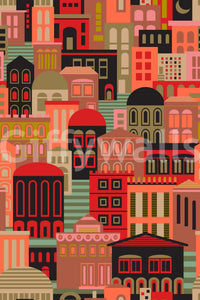 City Lights At Night mural for media room, retro skyline with moonlit scene