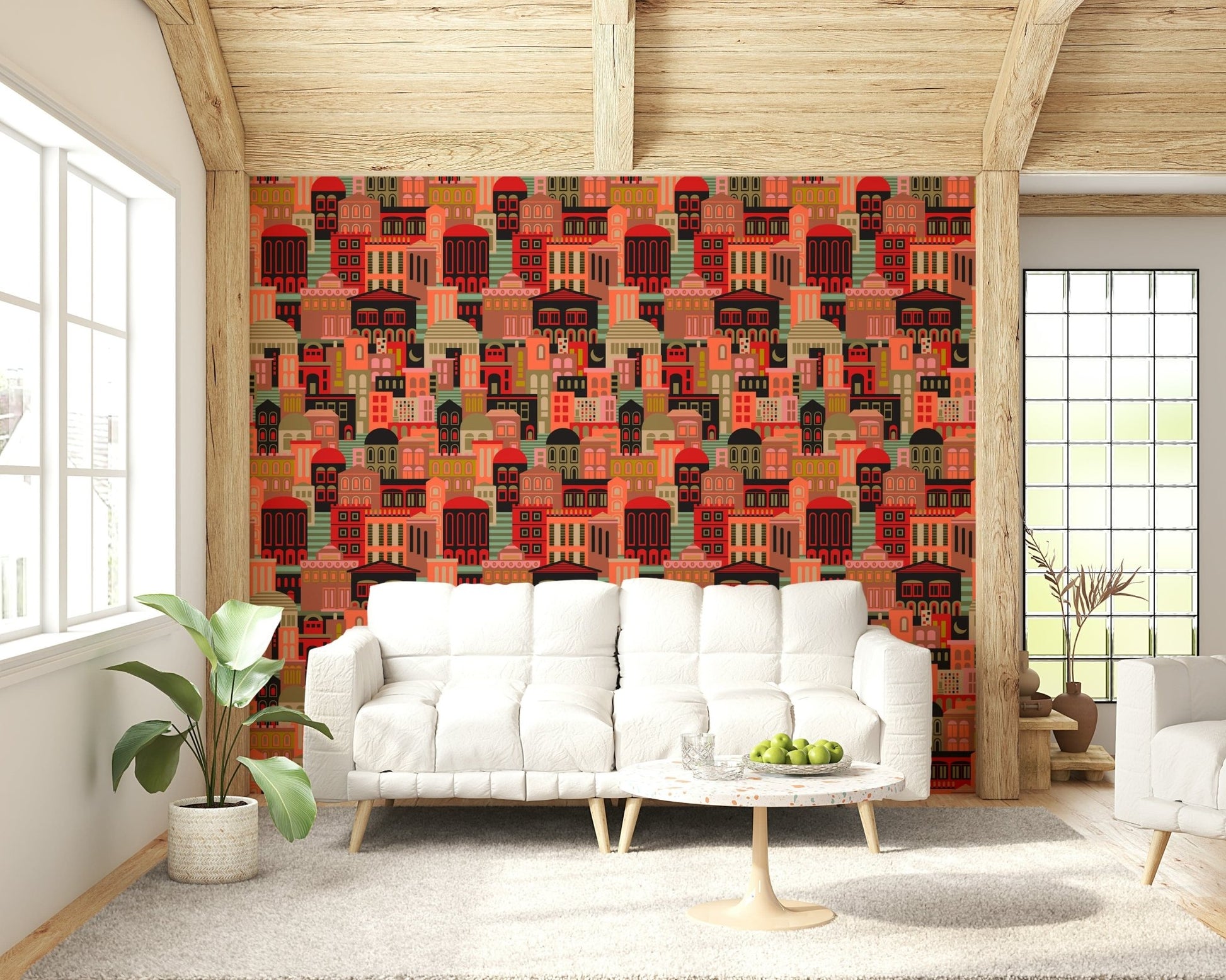 Vintage night cityscape wallpaper for bedroom headboard wall, moon and bright shapes