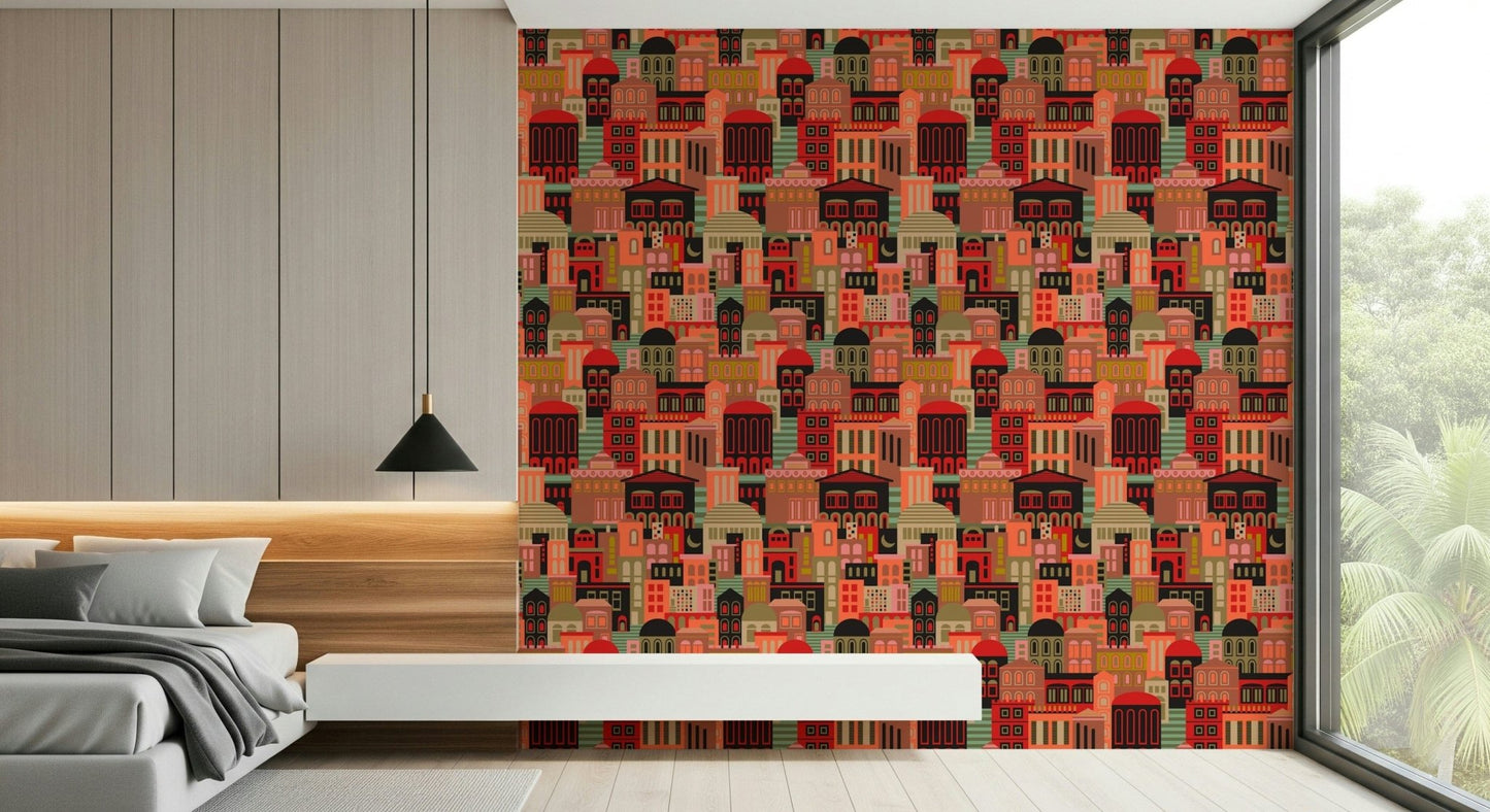 City Lights At Night wallpaper in office, geometric buildings with moonlit vintage palette