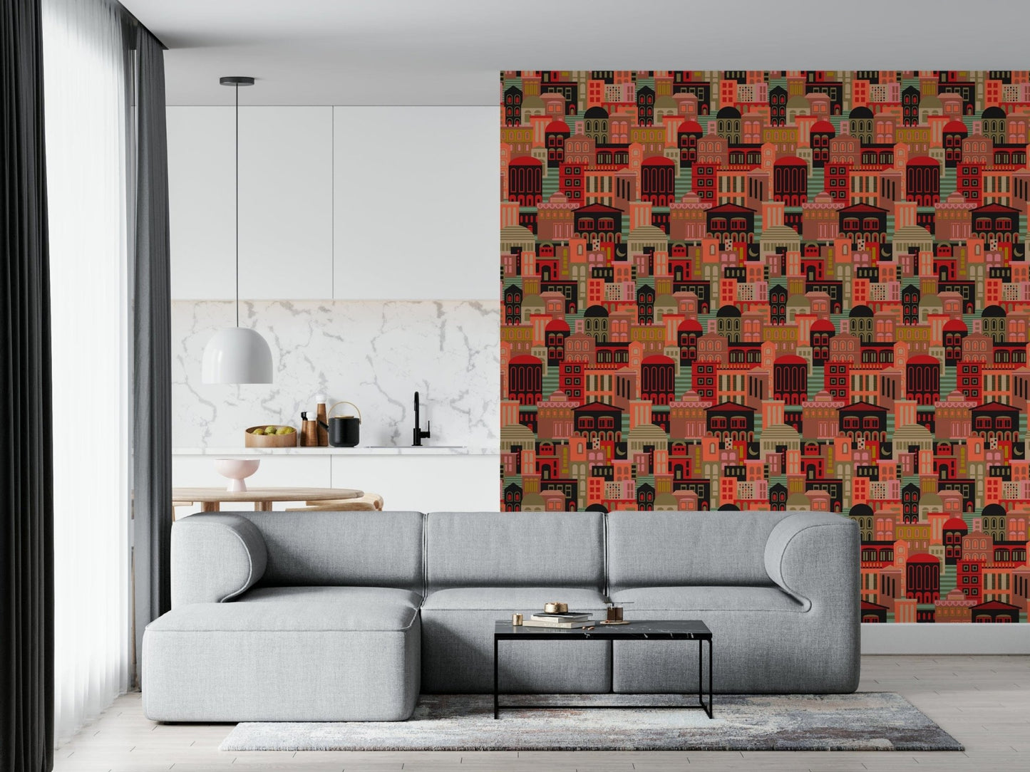 Geometric city at night wall mural for study room, moon detail and 1950s colors