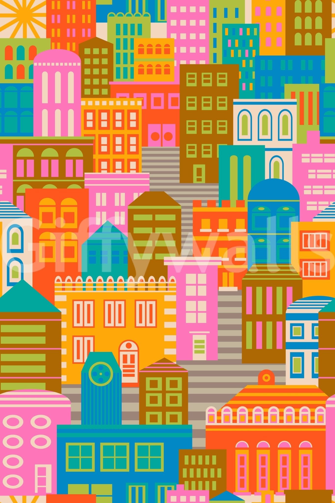 City Lights By Day mural for playroom, bright rainbow buildings and simple geometry