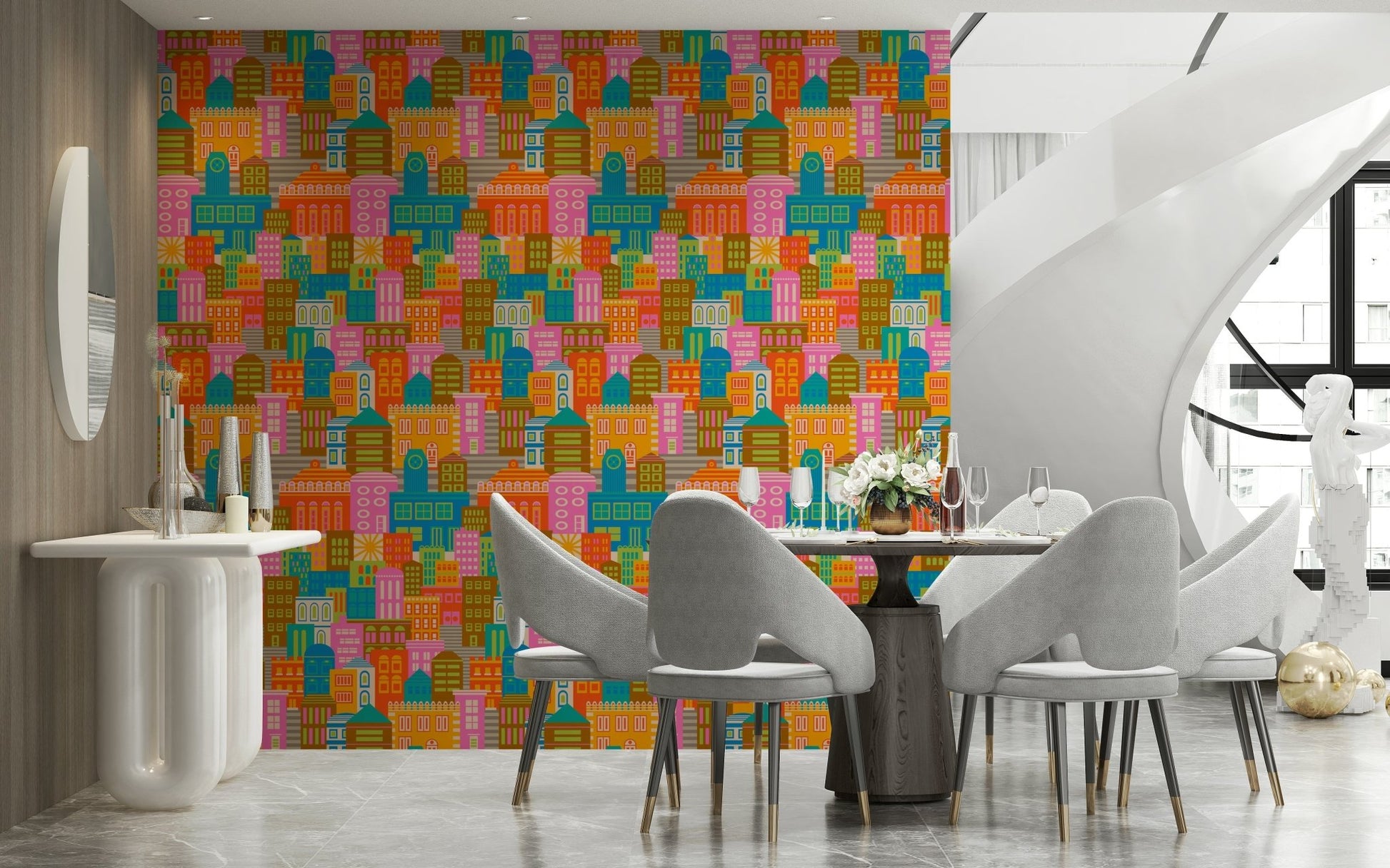 Sunny city buildings mural for hallway, rainbow brights and crisp outlines