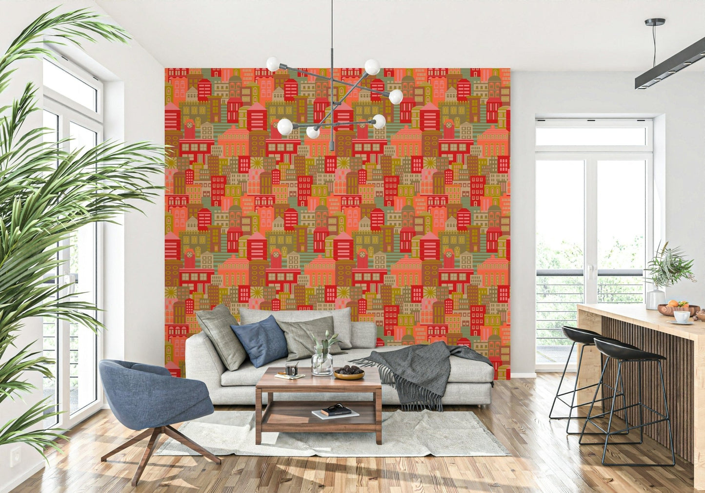 Vintage cityscape wallpaper for bedroom headboard wall, bright shapes and warm tones
