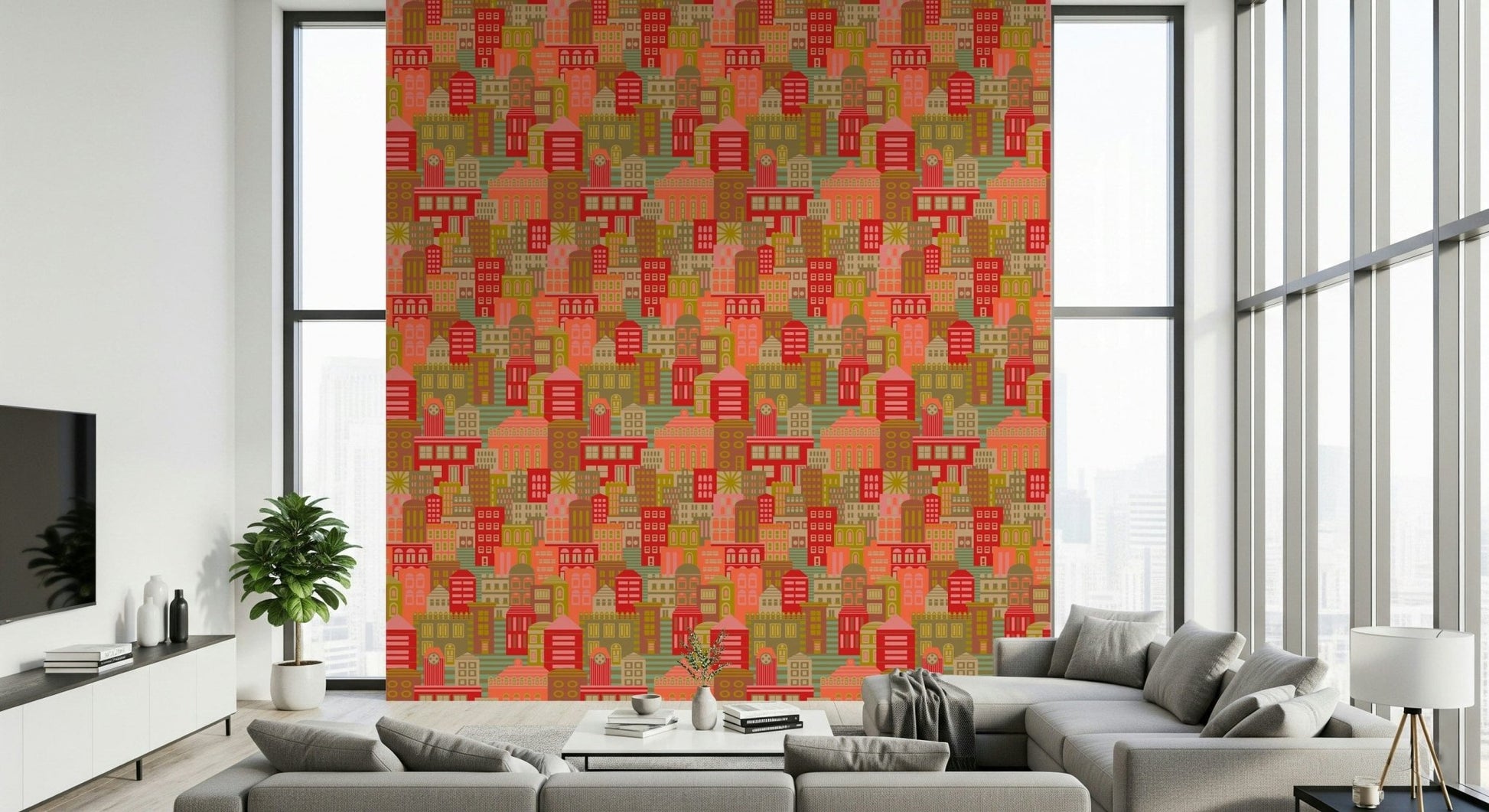 Sunny 1950s city buildings wallpaper in bright geometric colours for living room feature wall