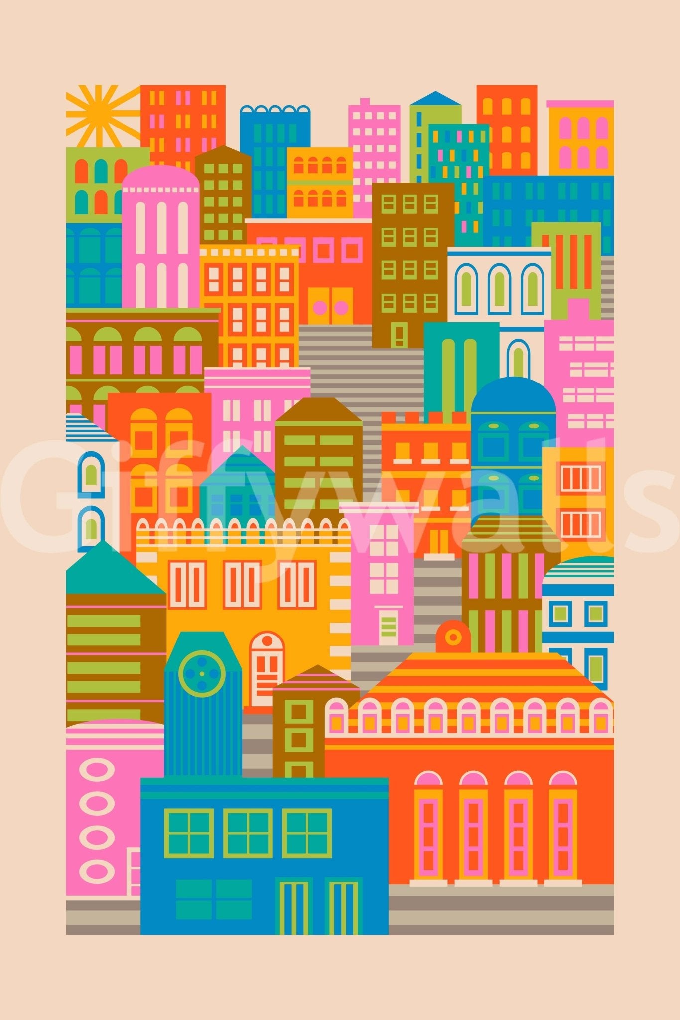 Gentle flowing skyline shapes in City Lights Bright Geometric Wallpaper backdrop.