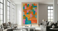 Moody vibrant colors feature in City Lights Bright Geometric Wallpaper accent wall.