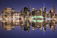 City skyline reflection mural in hallway, modern urban home styling look