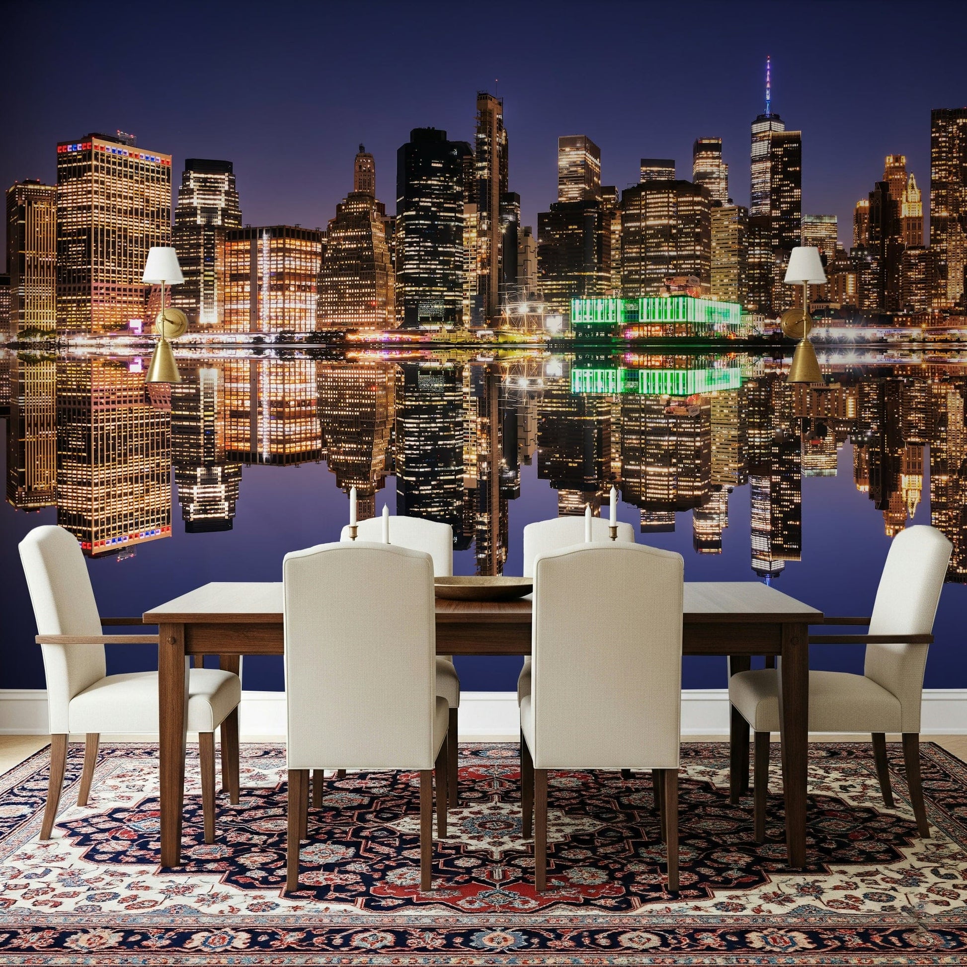 Urban lights reflection wallpaper in bedroom, city night scene above headboard