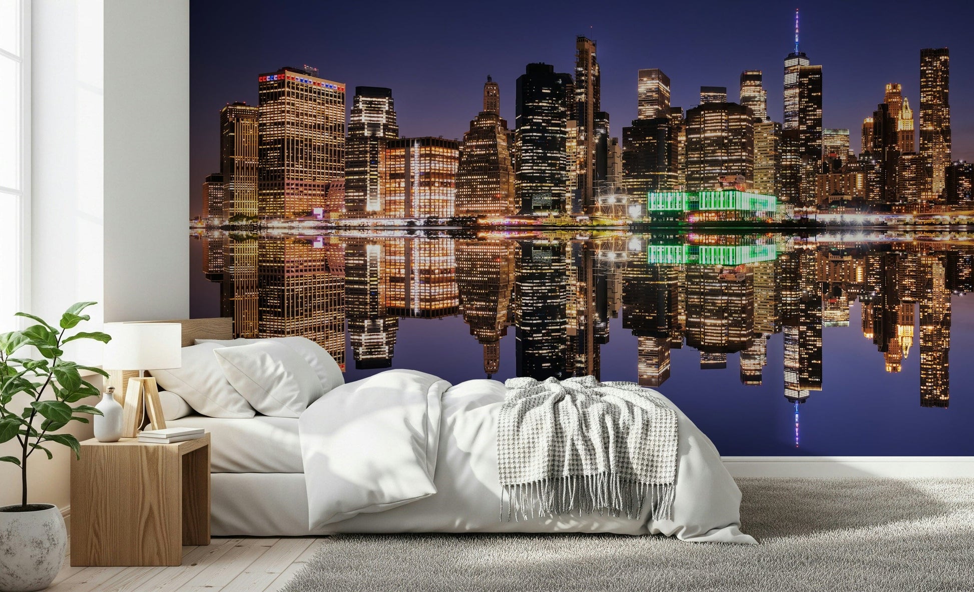 Night city wallpaper for bedroom, skyline reflection in deep colours