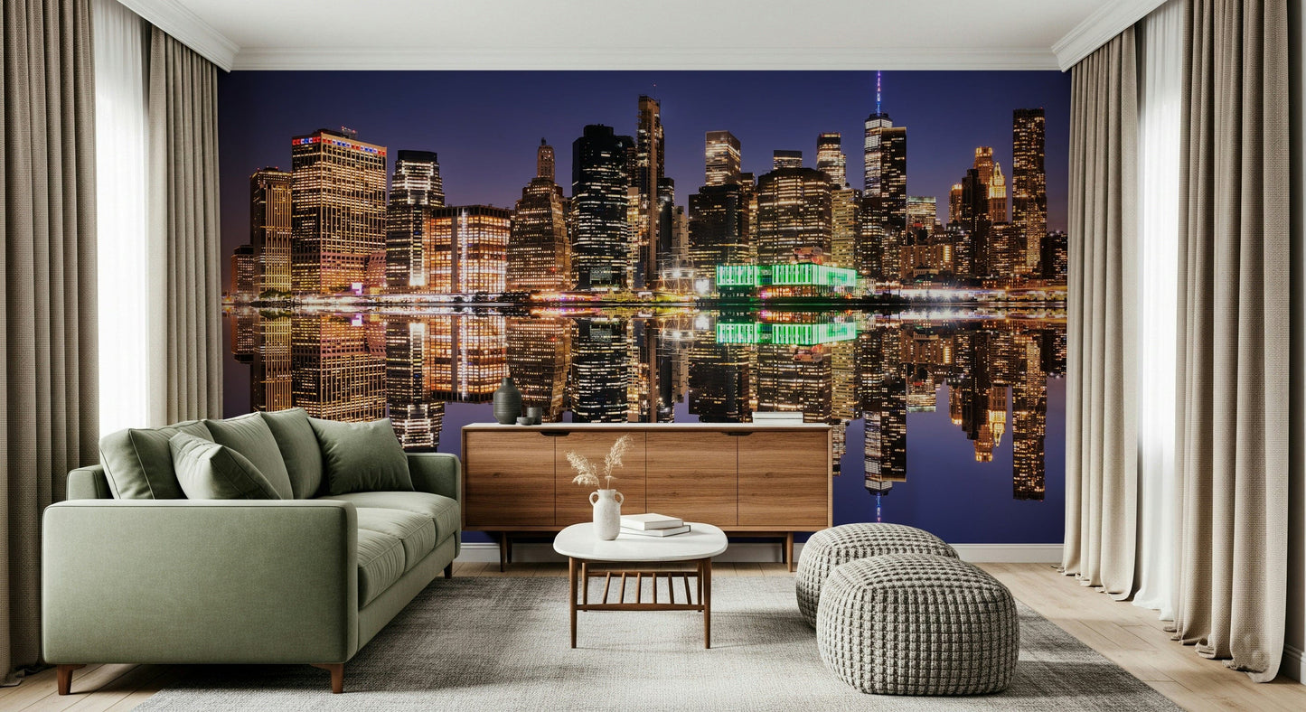 City Lights Reflection Wall Mural in living space, night skyline with water reflection feature wall