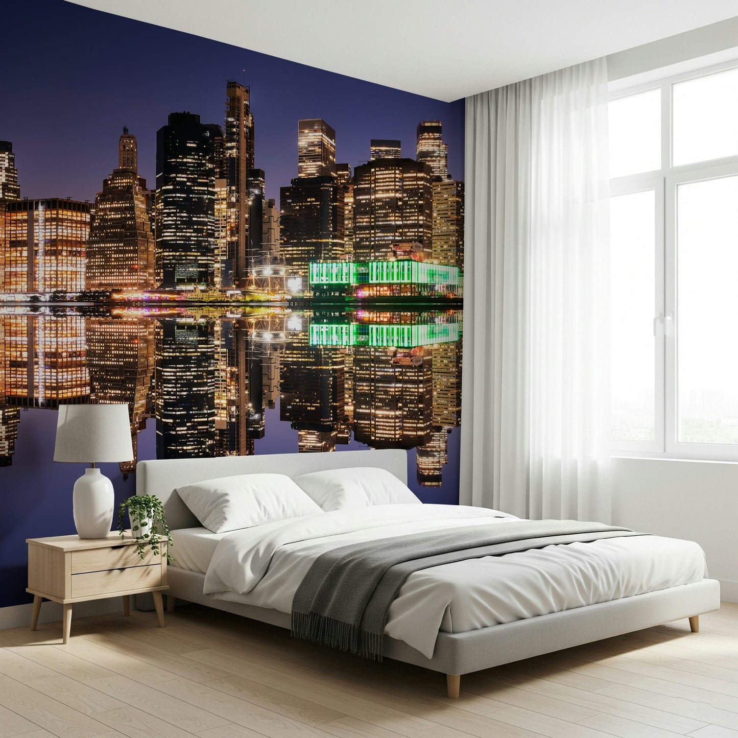City skyline mural in home office, night lights backdrop for work zone