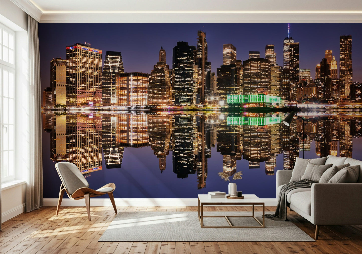 Urban nightscape wallpaper in reading nook, city lights and calm reflection