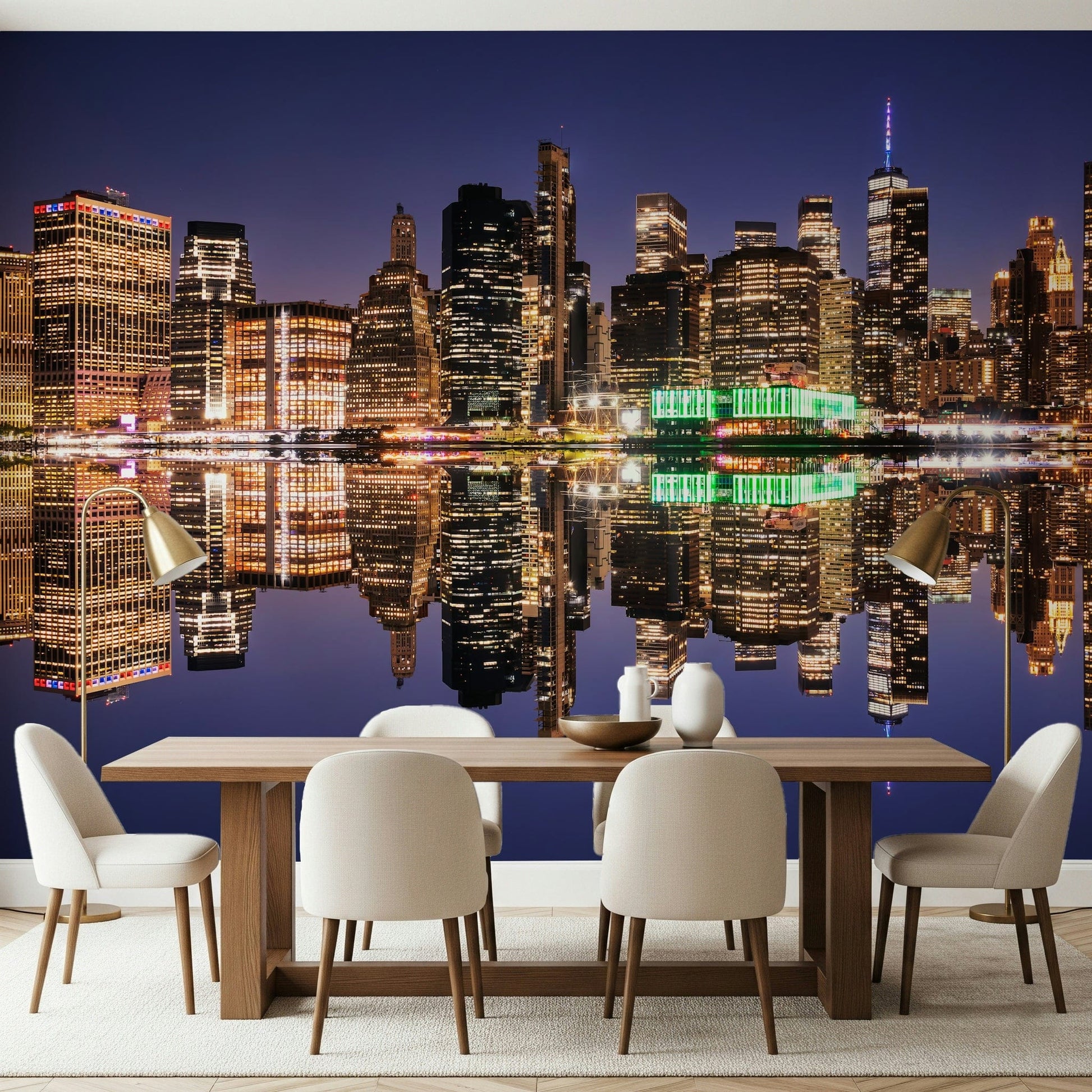 City Lights Reflection wall mural for dining area, urban night feature wall styling