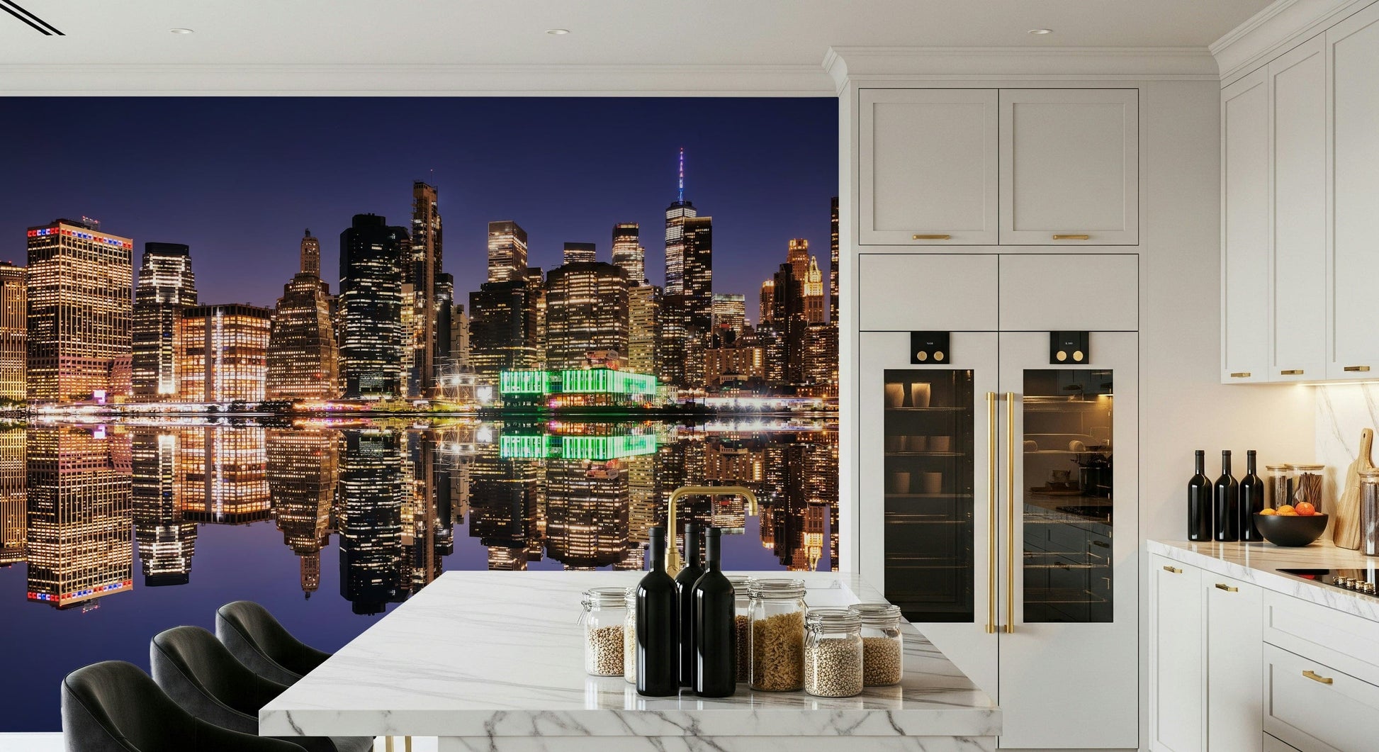 City Lights Reflection mural behind TV unit, tidy modern skyline feature wall