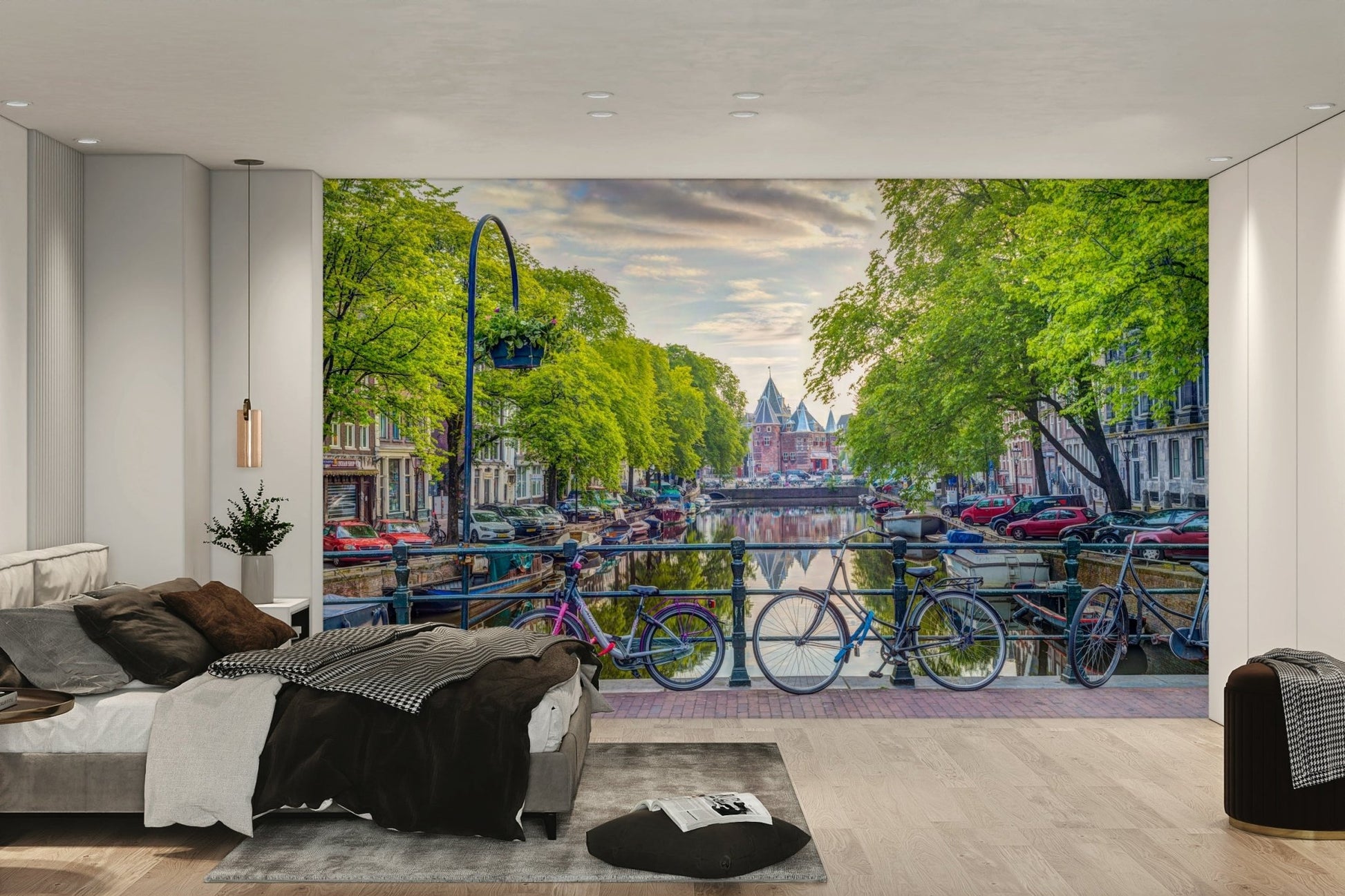 Charming Amsterdam canal-side scene with vibrant bicycles for your space.

