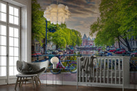 Nursery room with an Amsterdam bike mural.


