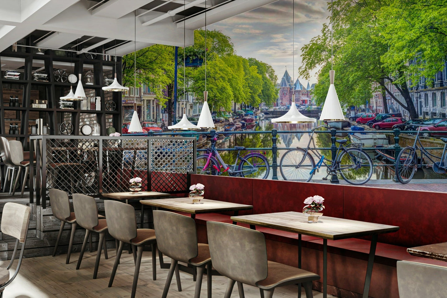 City of Bikes Wall Mural with picturesque view of bikes along a scenic canal.

