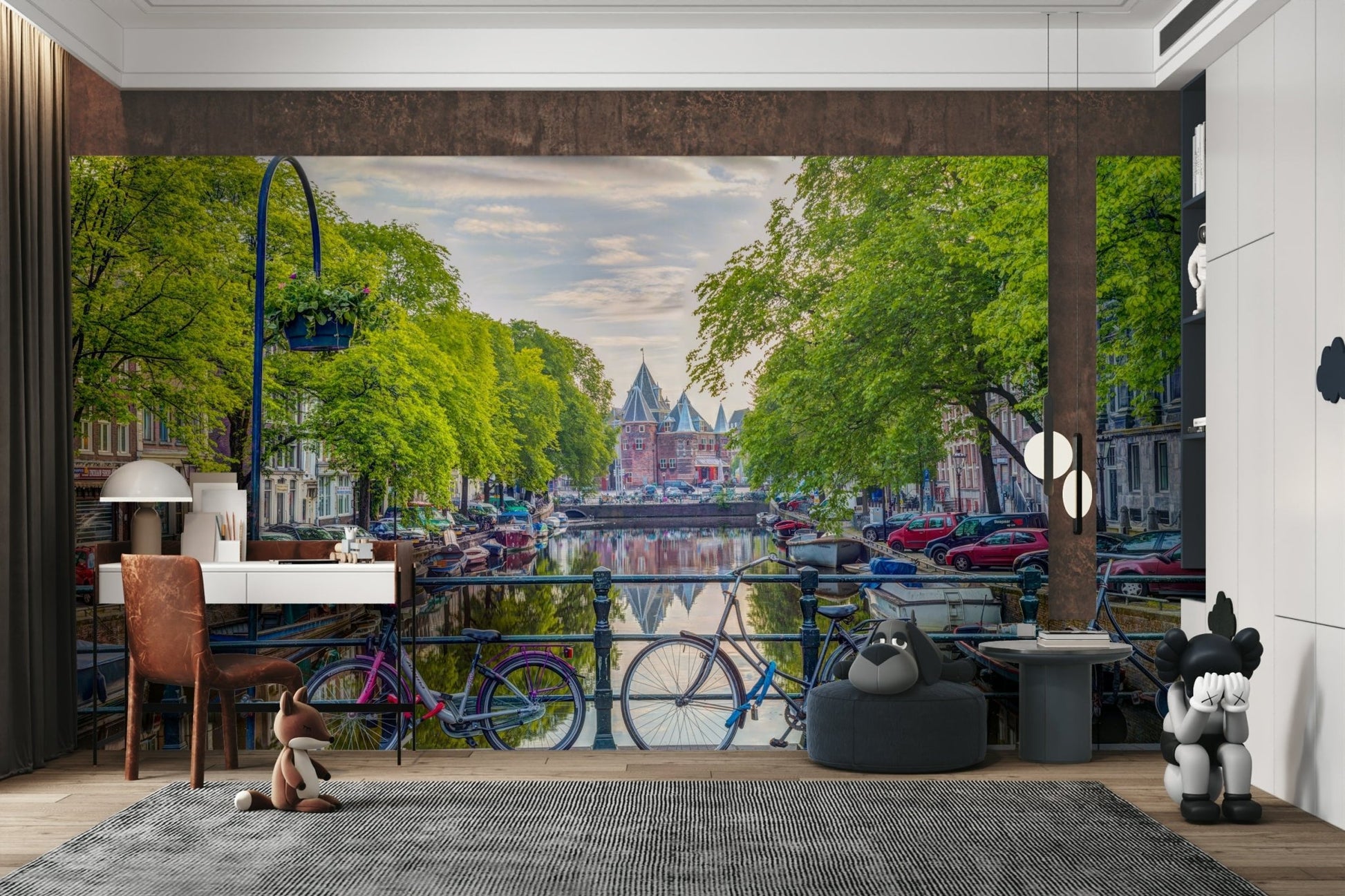 City of Bikes Wall Mural showing colorful bicycles along an Amsterdam canal.

