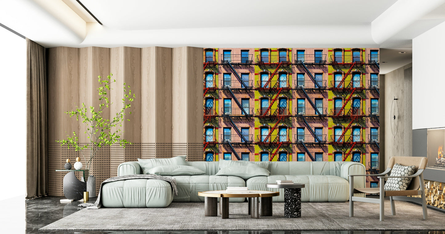 Artistic city skyline mural with rhythmic patterns and bold urban colors.