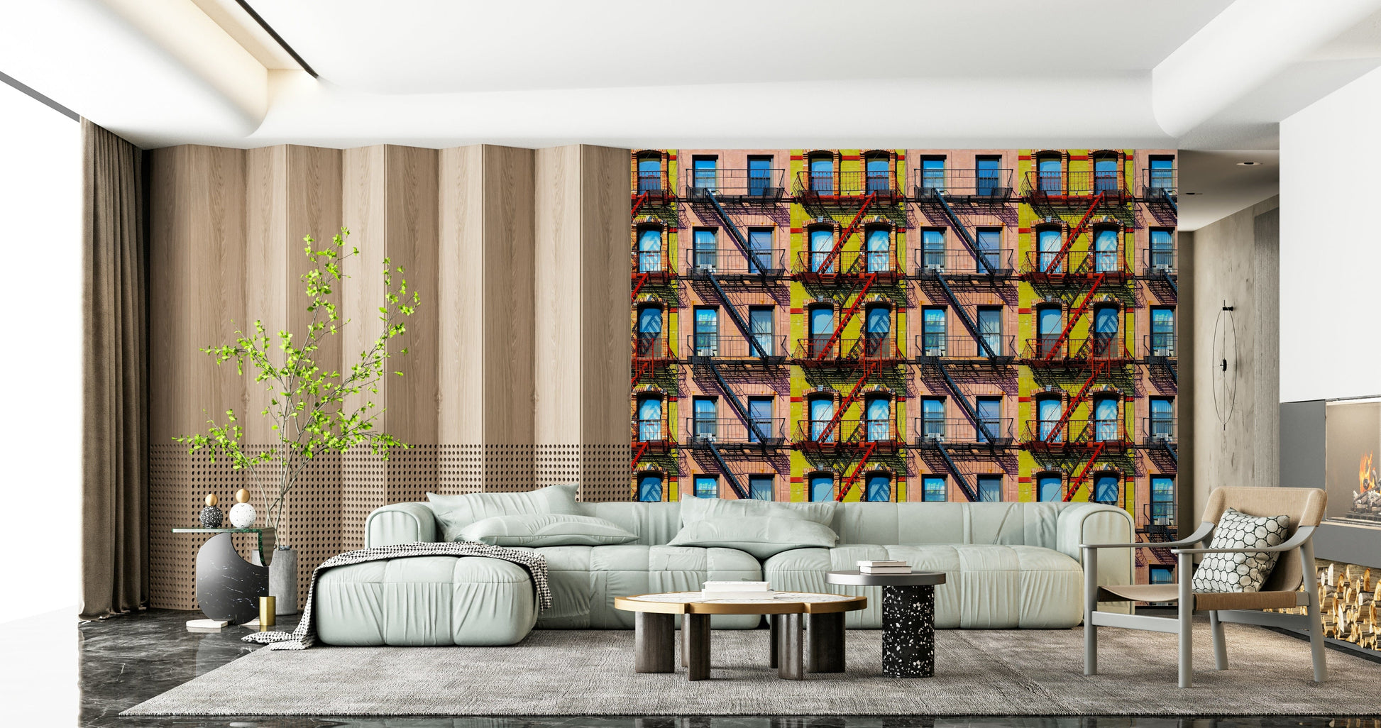 Artistic city skyline mural with rhythmic patterns and bold urban colors.