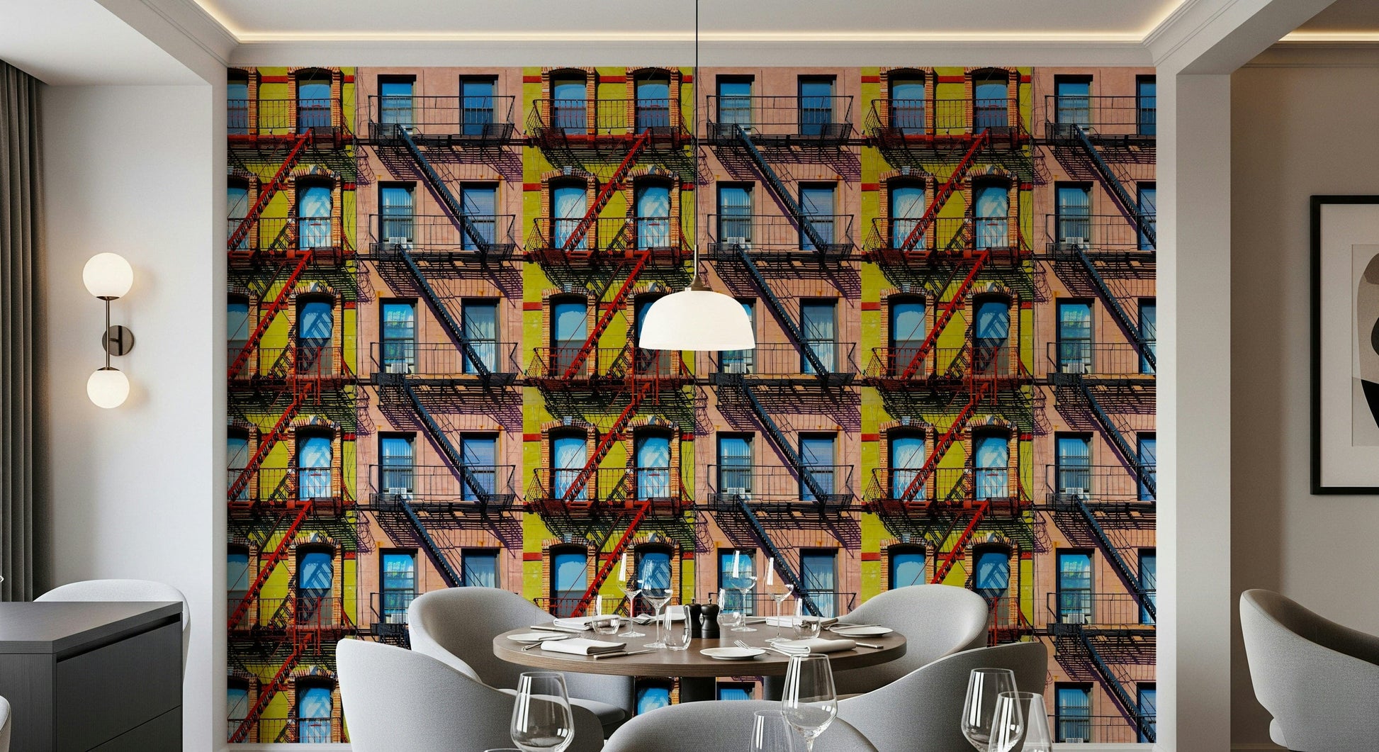 Modern cityscape mural capturing the energy and rhythm of urban life.