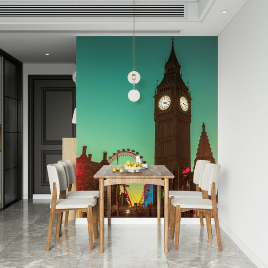 City Timepiece mural of Big Ben and the London Eye on teal sky behind a wood dining table and cream chairs