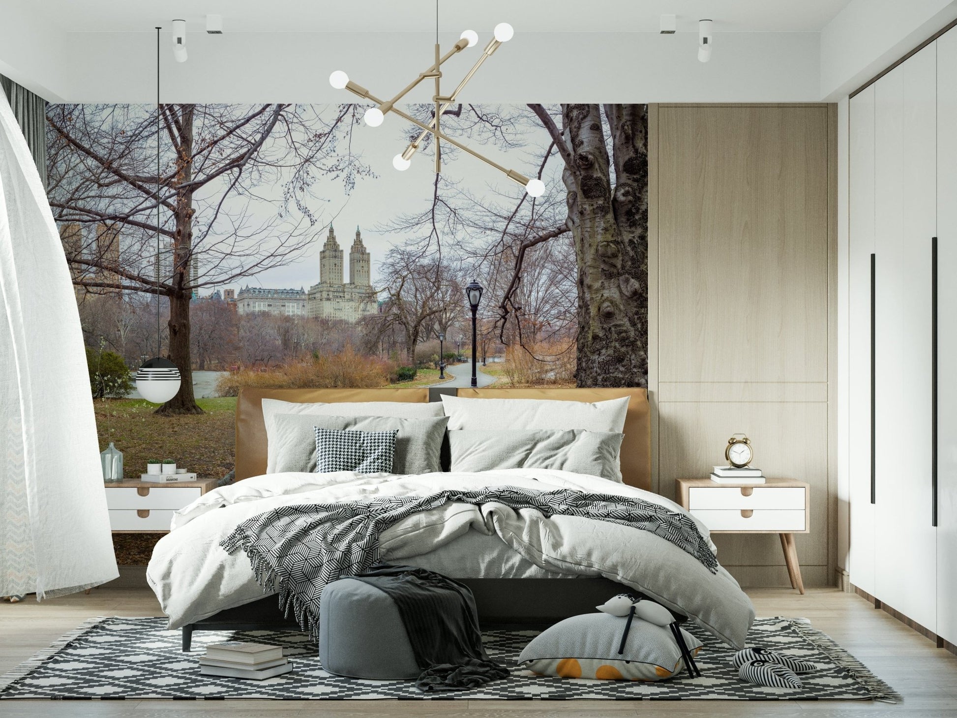 City skyline and greenery mural in modern living room, soft green color tones, feature wall