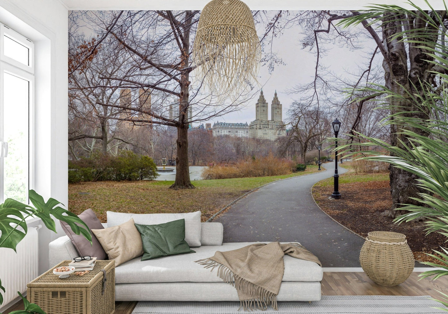City and nature wall mural in entryway, modern apartment styling, soft green color scheme