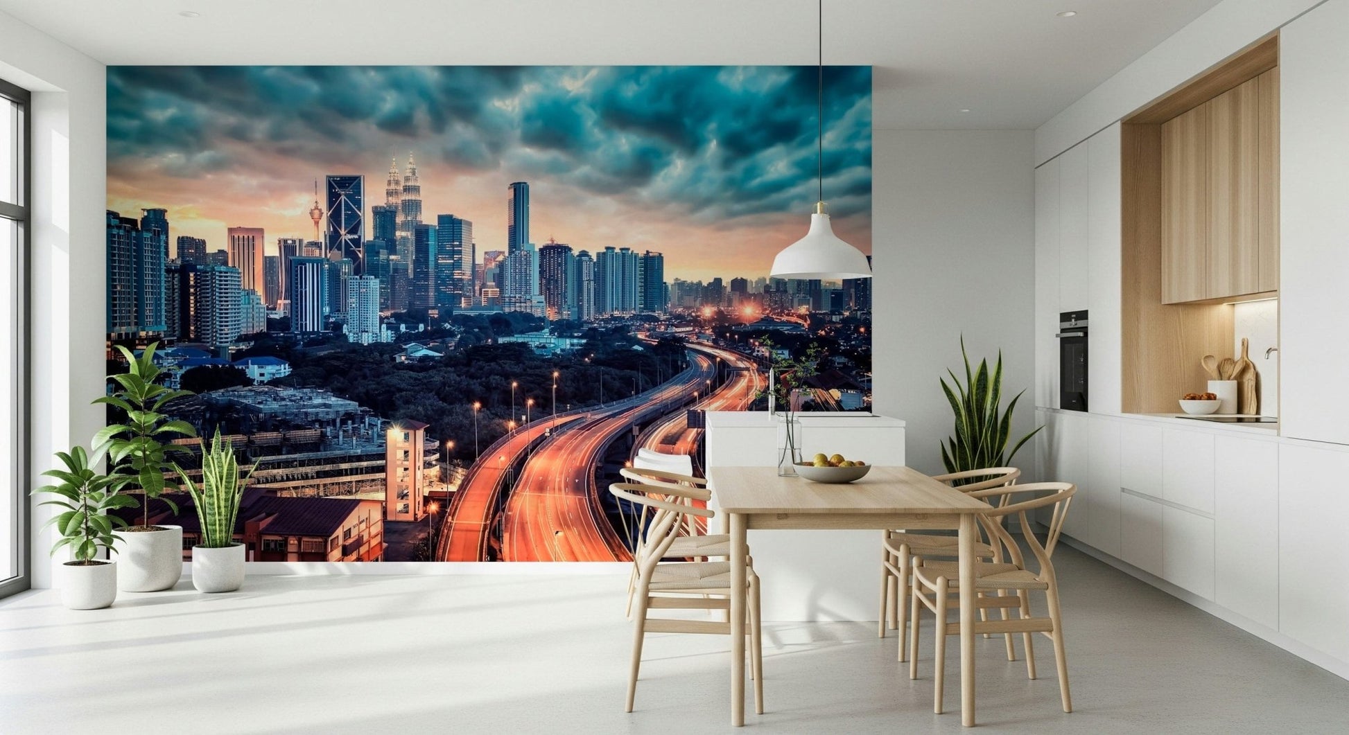 Cityscape Dawn wallpaper mural with teal clouds over the skyline behind a wood dining table and wishbone chairs