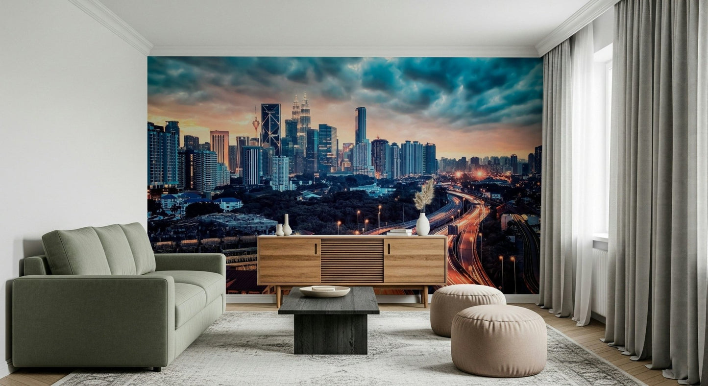 Cityscape Dawn wallpaper mural showing teal storm clouds over skyscrapers behind an olive sofa and wood credenza