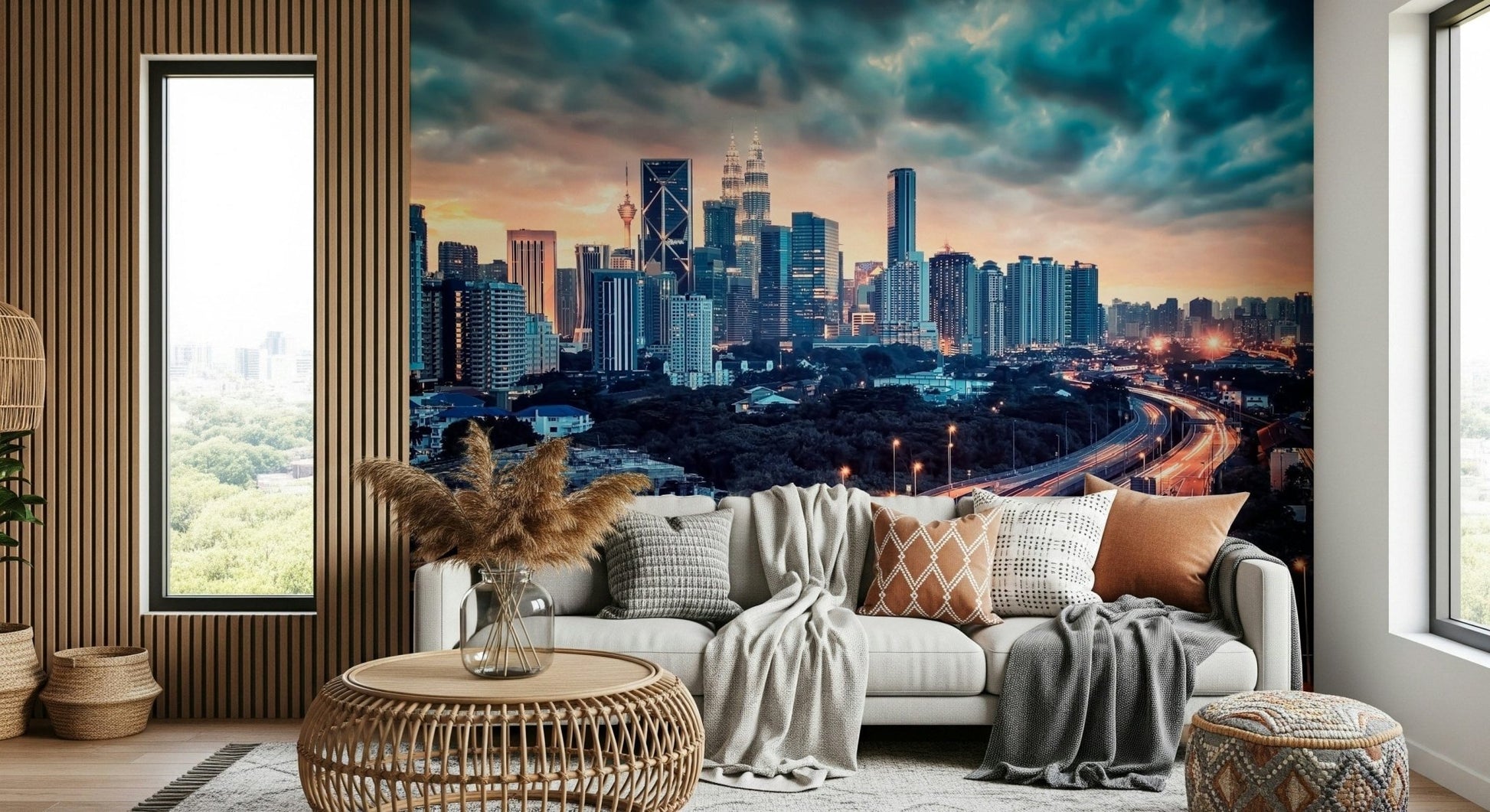 Cityscape Dawn wallpaper mural of dramatic clouds over the city behind a white sofa with terracotta cushions