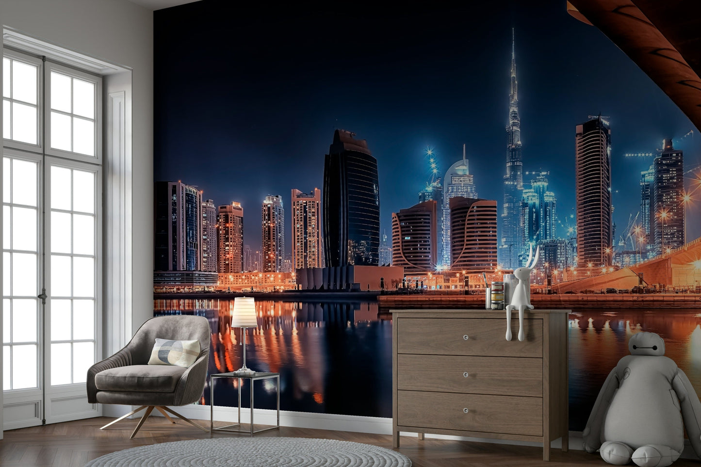 An artistic urban glow mural for home decor.

