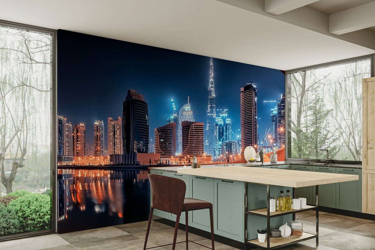 A beautiful modern art wall mural of a city at night.

