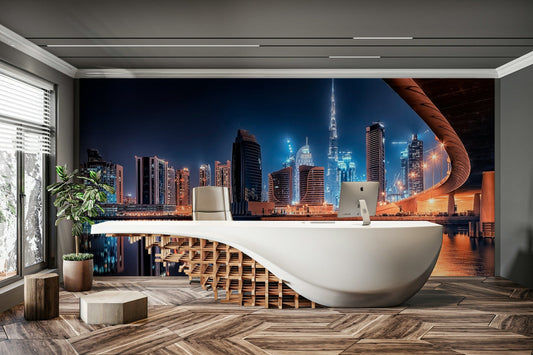 A beautiful glowing city wallpaper mural at night.

