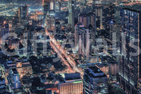 Cityscape Night wallpaper mural close-up showing the aerial skyline with orange traffic trails and lit towers