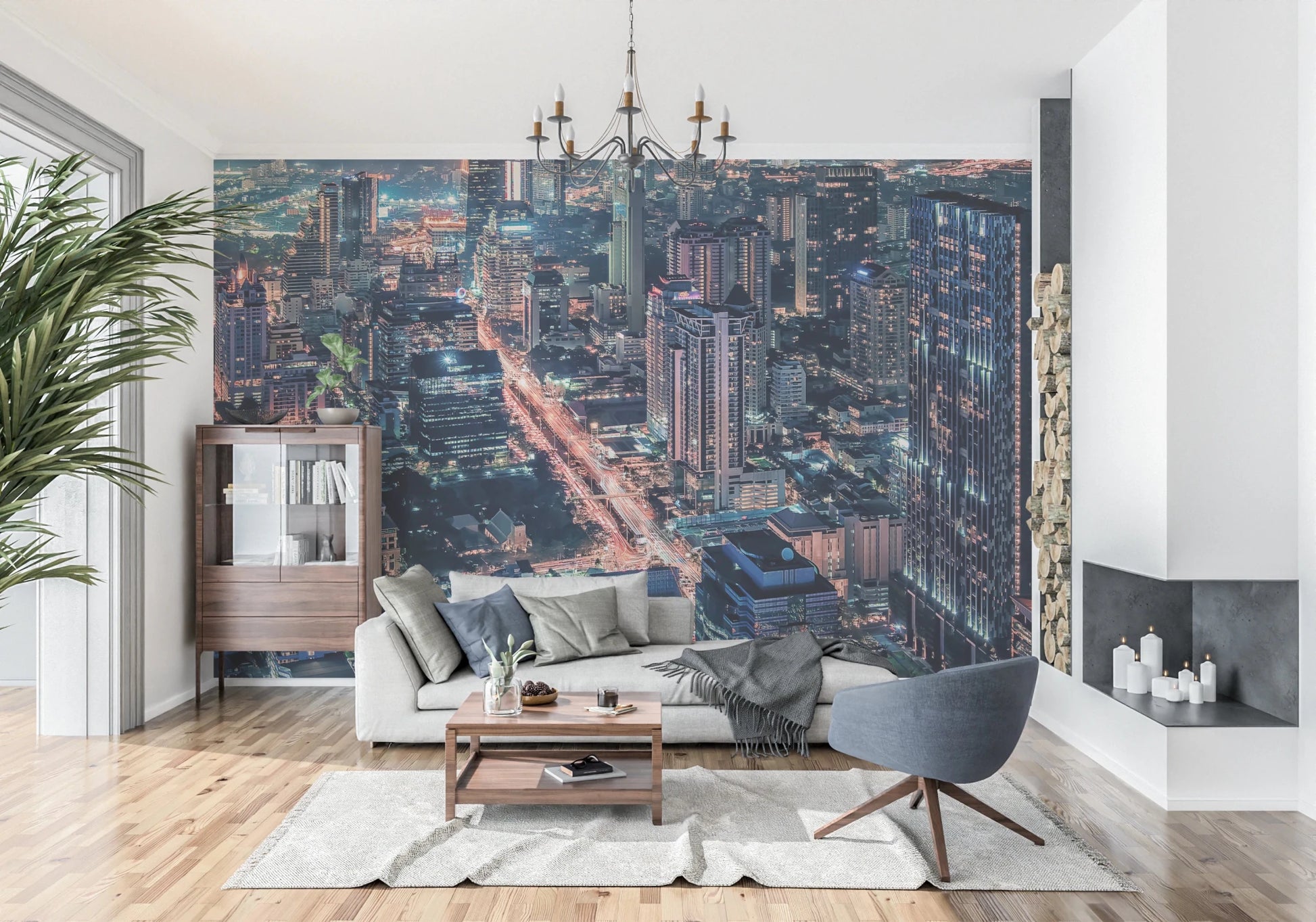 Cityscape Night wallpaper mural of skyscrapers and street lights behind a gray sofa and blue swivel chair
