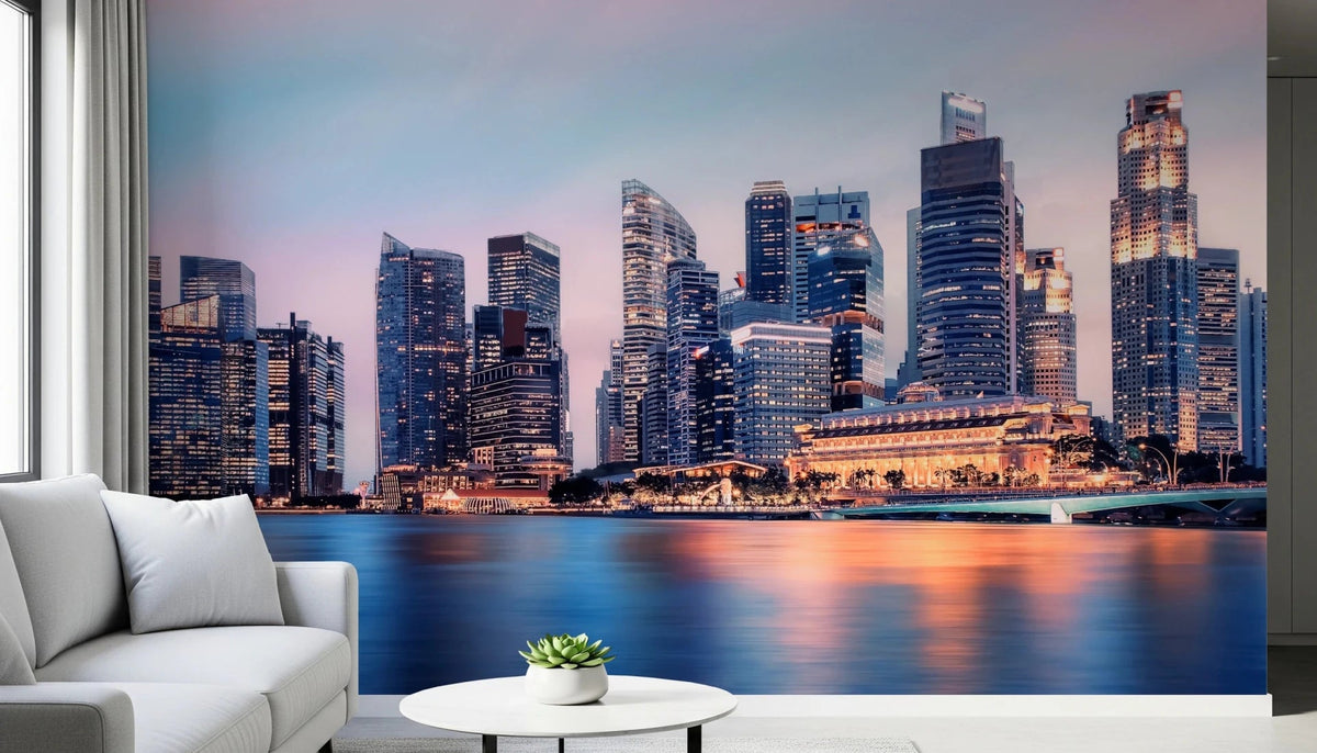 Cityscape Reflection wallpaper mural of a waterfront skyline at dusk behind a white sofa and round table in a living room