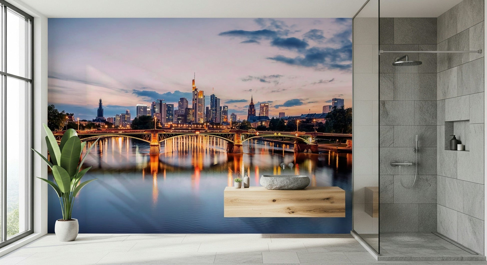 City reflections wall mural displaying modern metropolitan buildings