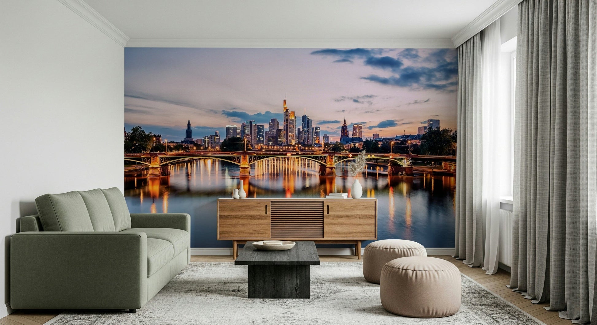 Large city reflections mural highlighting urban night scenery