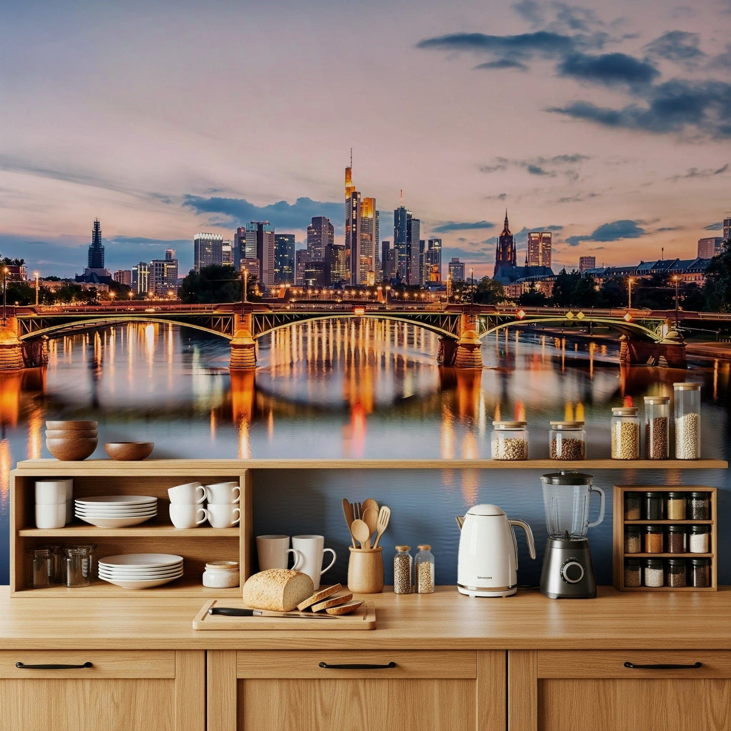 City reflections wall mural with skyline lights and calm water surface